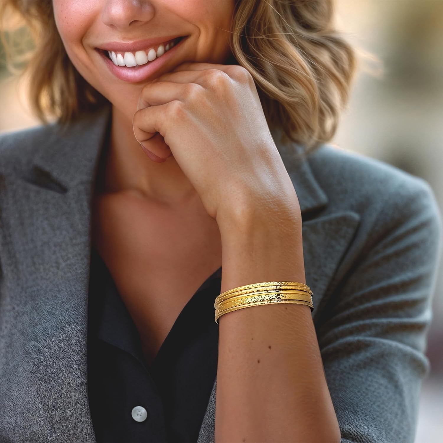 18Kt Gold over Sterling Jewelry Set: 5 Textured Bangle Bracelets