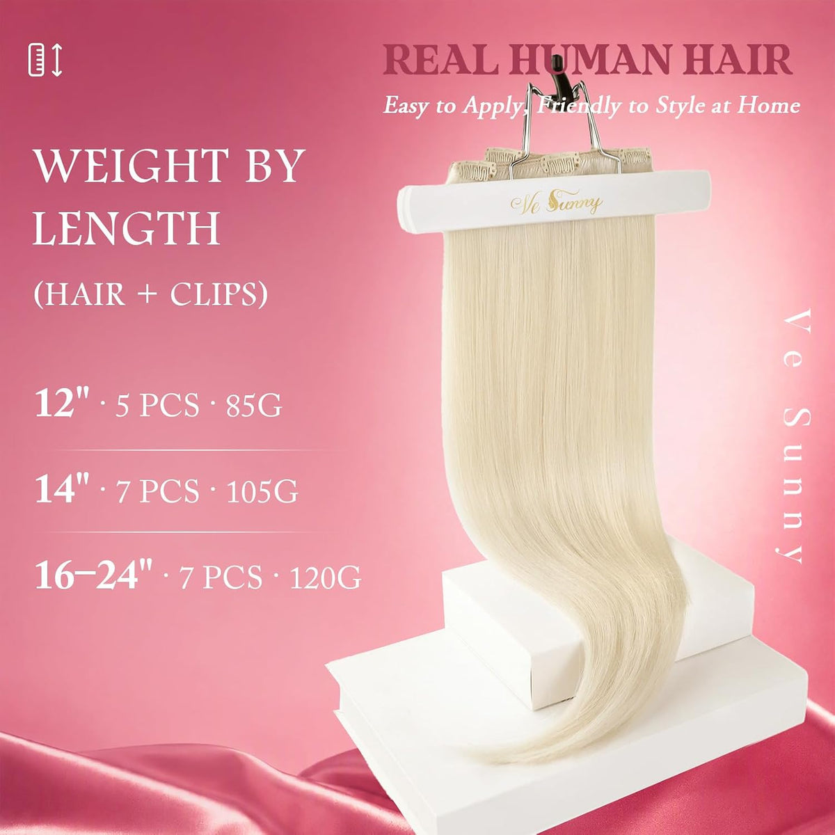 Ve Sunny Clip-In Hair Extensions | Remy Human Hair, #60 Platinum Blonde, 20 Inch 120g