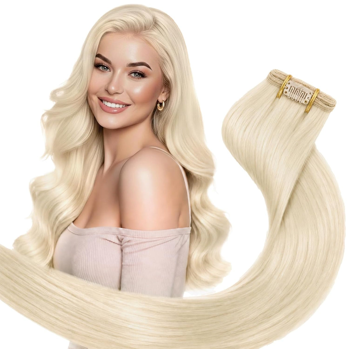 Ve Sunny Clip-In Hair Extensions | Remy Human Hair, #60 Platinum Blonde, 20 Inch 120g