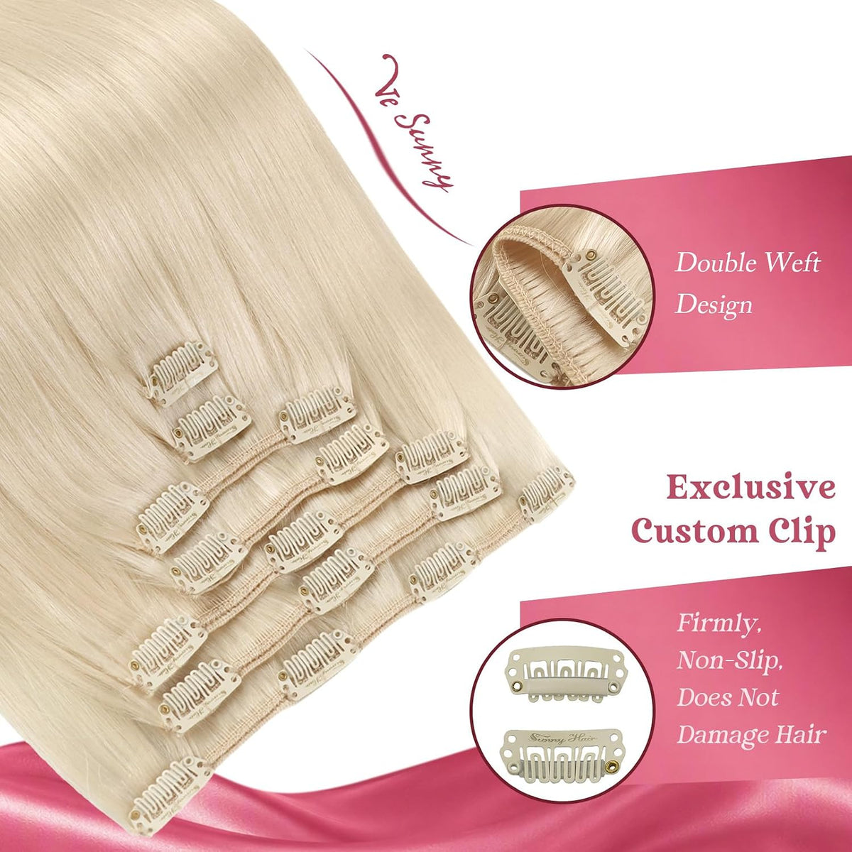 Ve Sunny Clip-In Hair Extensions | Remy Human Hair, #60 Platinum Blonde, 20 Inch 120g