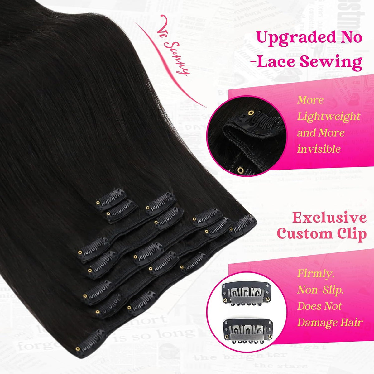 Ve Sunny Clip-In Hair Extensions | Remy Human Hair, Jet Black #1, 18 Inch 135g