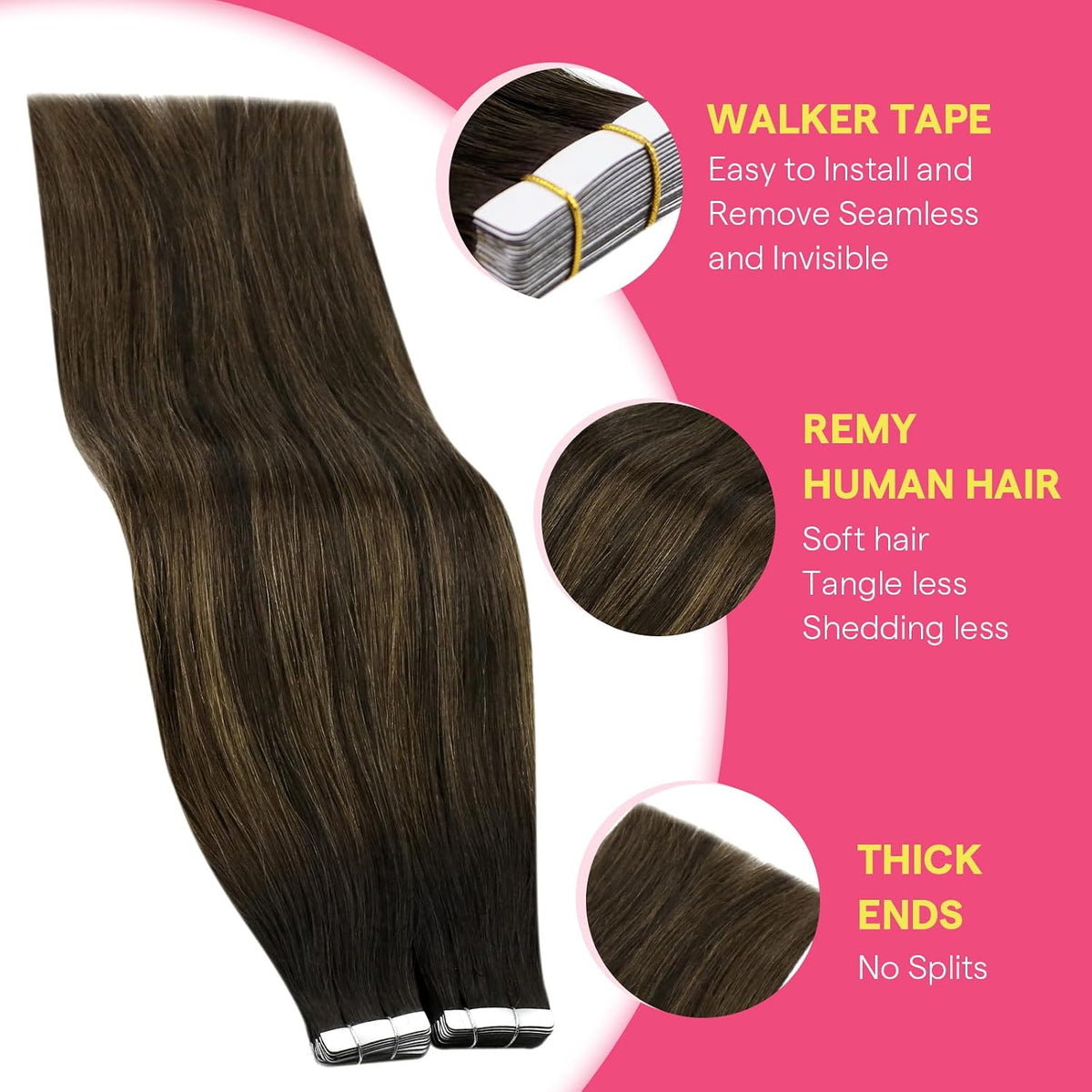 Ve Sunny Tape-In Hair Extensions | Remy Human Hair, #2/2/6 Balayage Brown, 20 Inch 50g 20-Piece Set