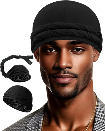 Upgraded Satin Lined Halo Turban Durag for Men &Women Sleeping Bonnet Pre-Tied Headwraps for Hair Loss
