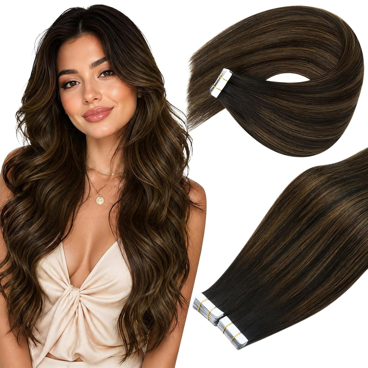 Ve Sunny Tape-In Hair Extensions | Remy Human Hair, #2/2/6 Balayage Brown, 20 Inch 50g 20-Piece Set