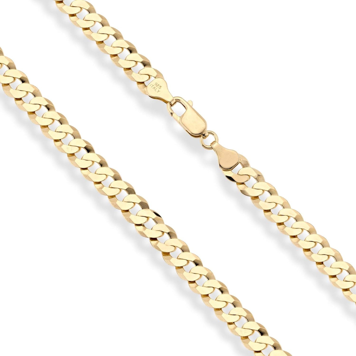 Solid 18K Gold over Sterling Silver Italian 7Mm Diamond-Cut Cuban Link Curb Chain Necklace for Men Women