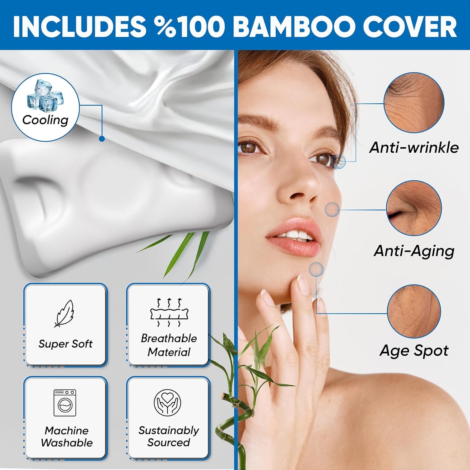 Flawless Face Beauty Pillow Anti Aging Memory Foam Cervical Pillow with Bamboo Pillowcase