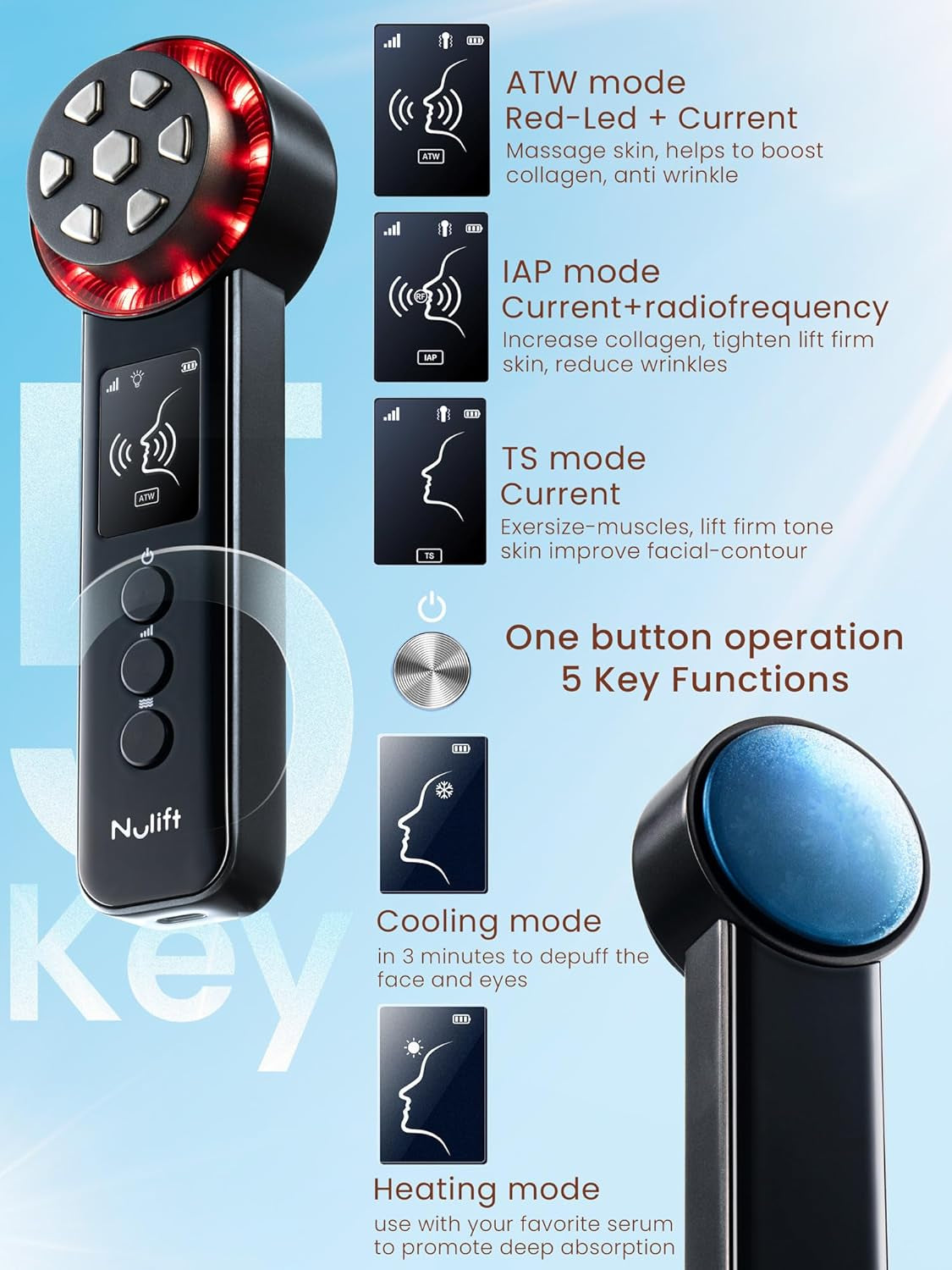 Radio Frequency Skin Tightening Device, Smart Eectric Zinc Aoy Facia Beauty Machine with Rf-Current Cod Heat for Jawine ifting, Cheek Firm, Wrinke Reduction, Depuff, Increase Absorption