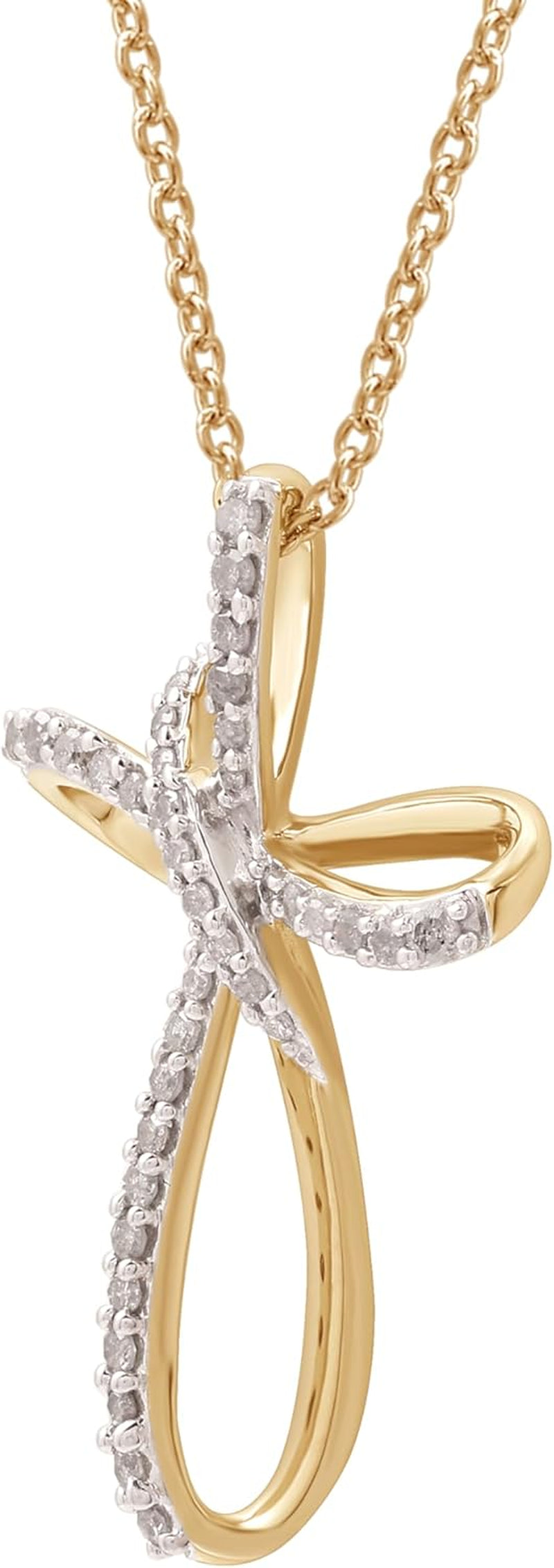 14K Yellow Gold over 925 Sterling Silver Necklace for Women with Natural Diamond and Twist Cross Pendant, 14K Gold Plated over Sterling Silver, 925 Sterling Silver, 18" Cable Chain, 1/4 Carat Total Weight Diamonds & Elegant Gift Box Included