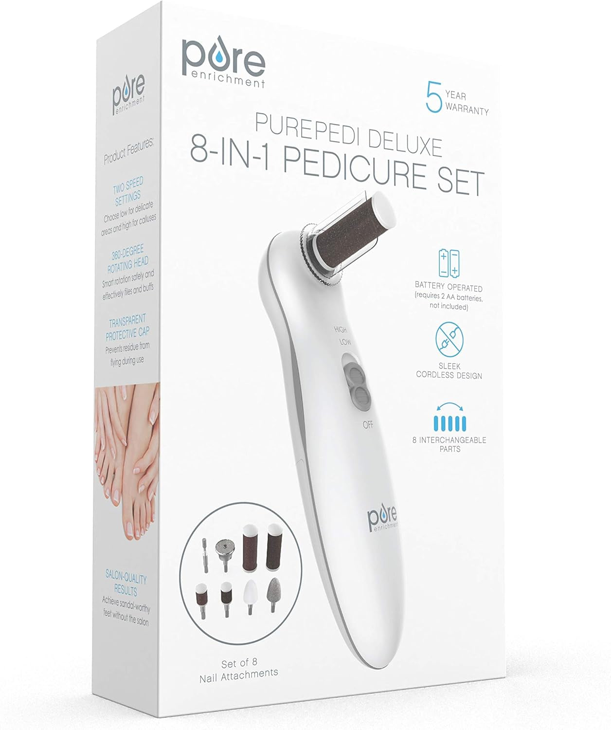 Purepedi Deluxe 10-Piece At-Home Professional Manicure and Pedicure Electric Nail File Kit - Cordless Electric Nail Drill and Callus Remover Tool with Protective Cap
