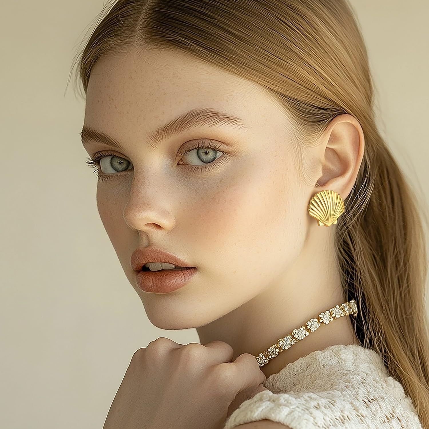 Gold Earrings for Women 14K Gold Studs Earrings for Women Stud Shell Earring for Womens Studs Realistic Shell Texture Stud Earring for Womens 23.5Mm