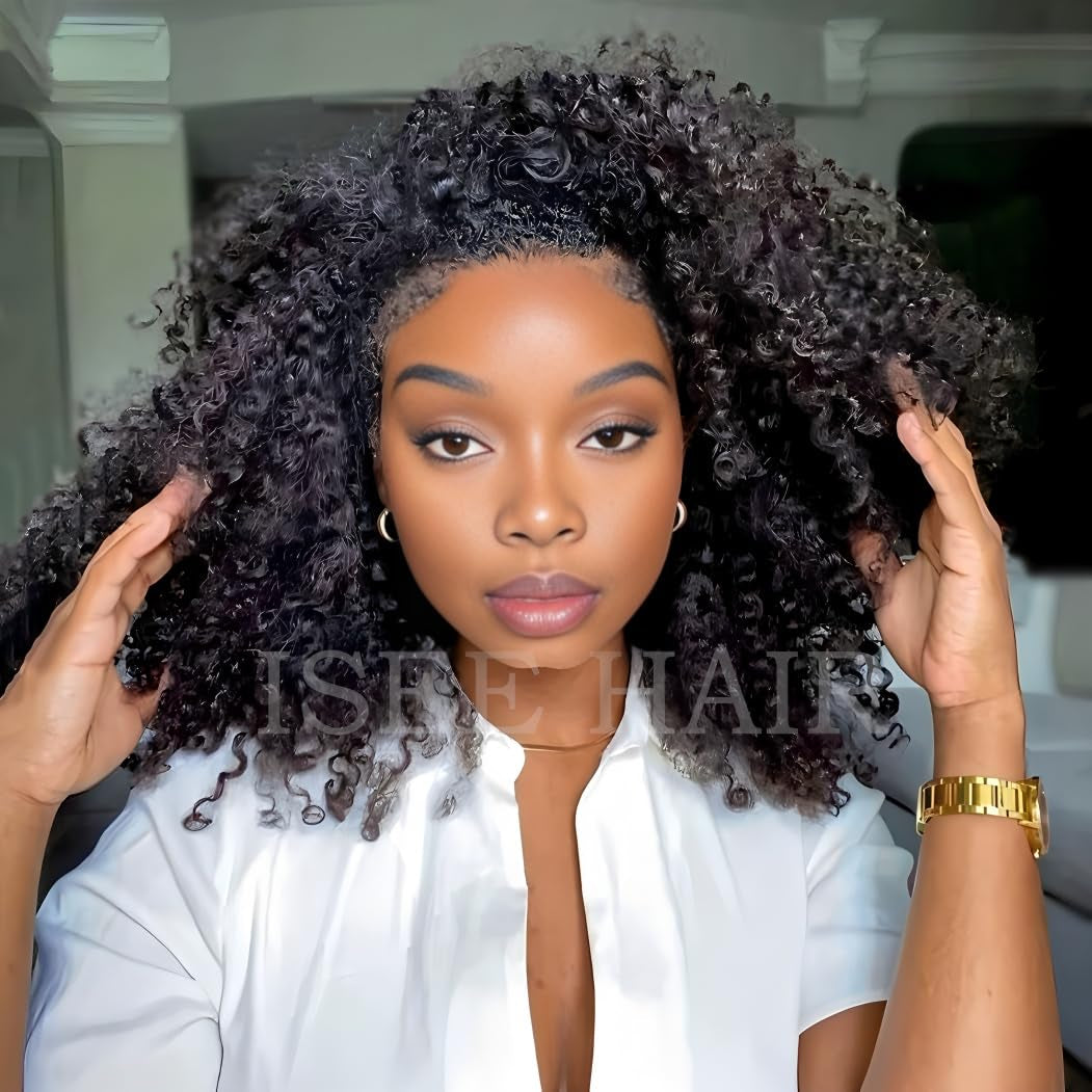 Half Wig Human Hair Glueless Wigs Upgrade 3 in 1 Half Wig with Drawstring Seamless Clip Ins Flip over Kinky Curly Human Hair No Glue No Lace for Women 180% Density 18 Inch