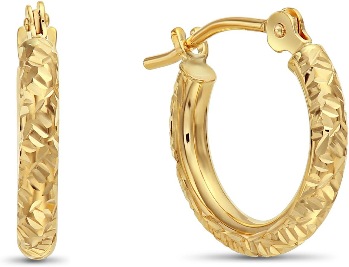14K Gold Hand Engraved Diamond-Cut round Hoop Earrings, (0.5 Inch Diameter)