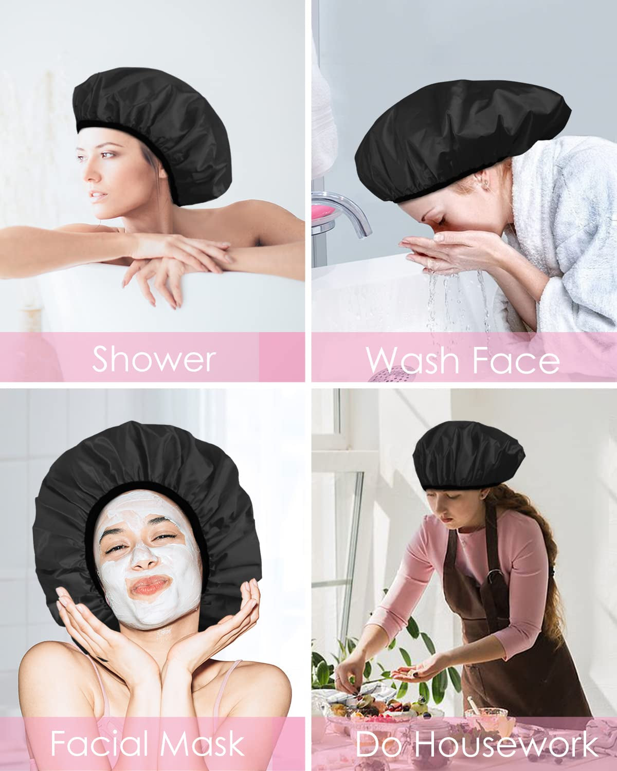 Shower Cap,Terry Lined Shower Cap for Women Reusable, Triple Layer Waterproof Bath Cap, Extra Large for Women Long Hair(Black)