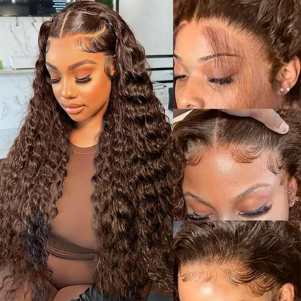 Chocolate Brown Lace Front Wigs Human Hair 13X6 Deep Wave Lace Front Wigs Human Hair 200 Density HD Colored Deep Curly Lace Frontal Wigs for Women Pre Plucked with Natural Hairline (Brown Wig, 30Inch)