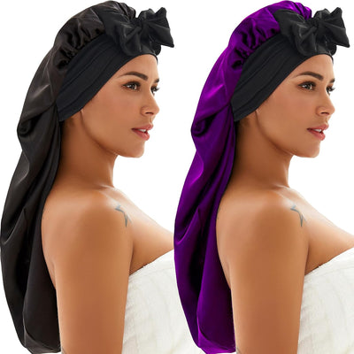 2 Pcs Silk Bonnet for Sleeping, Braid Bonnet Satin Bonnet with Tie Band Sleep Cap for Women Men Long Curly Hair Braids Black(2 Pcs-Black & Purple)
