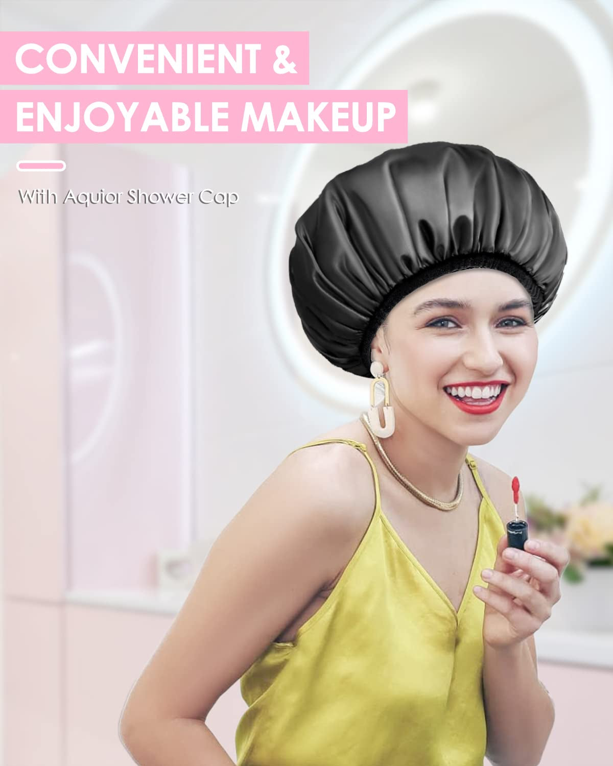 Shower Cap,Terry Lined Shower Cap for Women Reusable, Triple Layer Waterproof Bath Cap, Extra Large for Women Long Hair(Black)