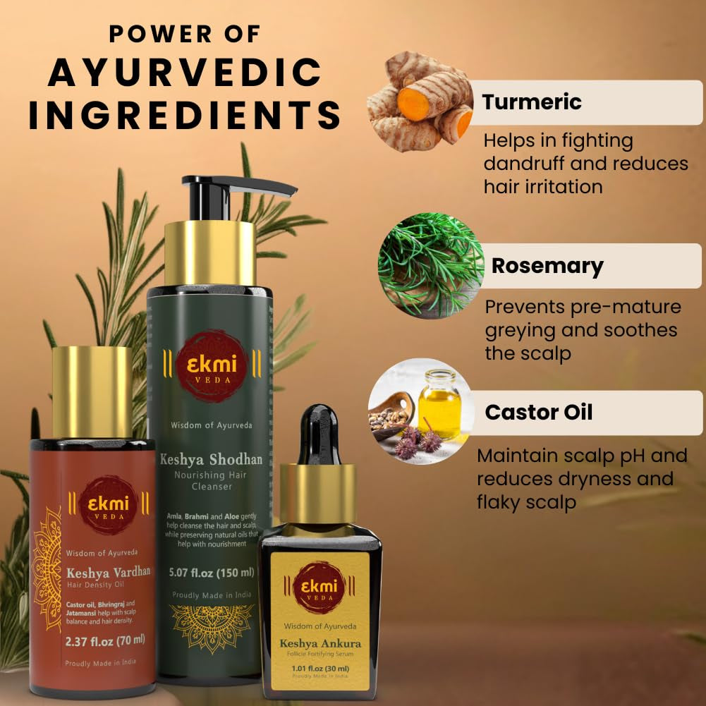 Hair Growth Set with Ayurvedic Herbs- Amla, Bhringraj, Castor, Rosemary for Hair Growth. Sulfate Free Hair Thickening Product,3 Pcs - Oil, Shampoo & Serum, 8.45 Fl Oz