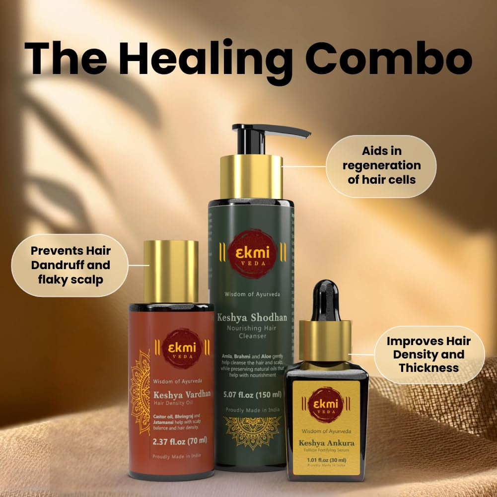 Hair Growth Set with Ayurvedic Herbs- Amla, Bhringraj, Castor, Rosemary for Hair Growth. Sulfate Free Hair Thickening Product,3 Pcs - Oil, Shampoo & Serum, 8.45 Fl Oz