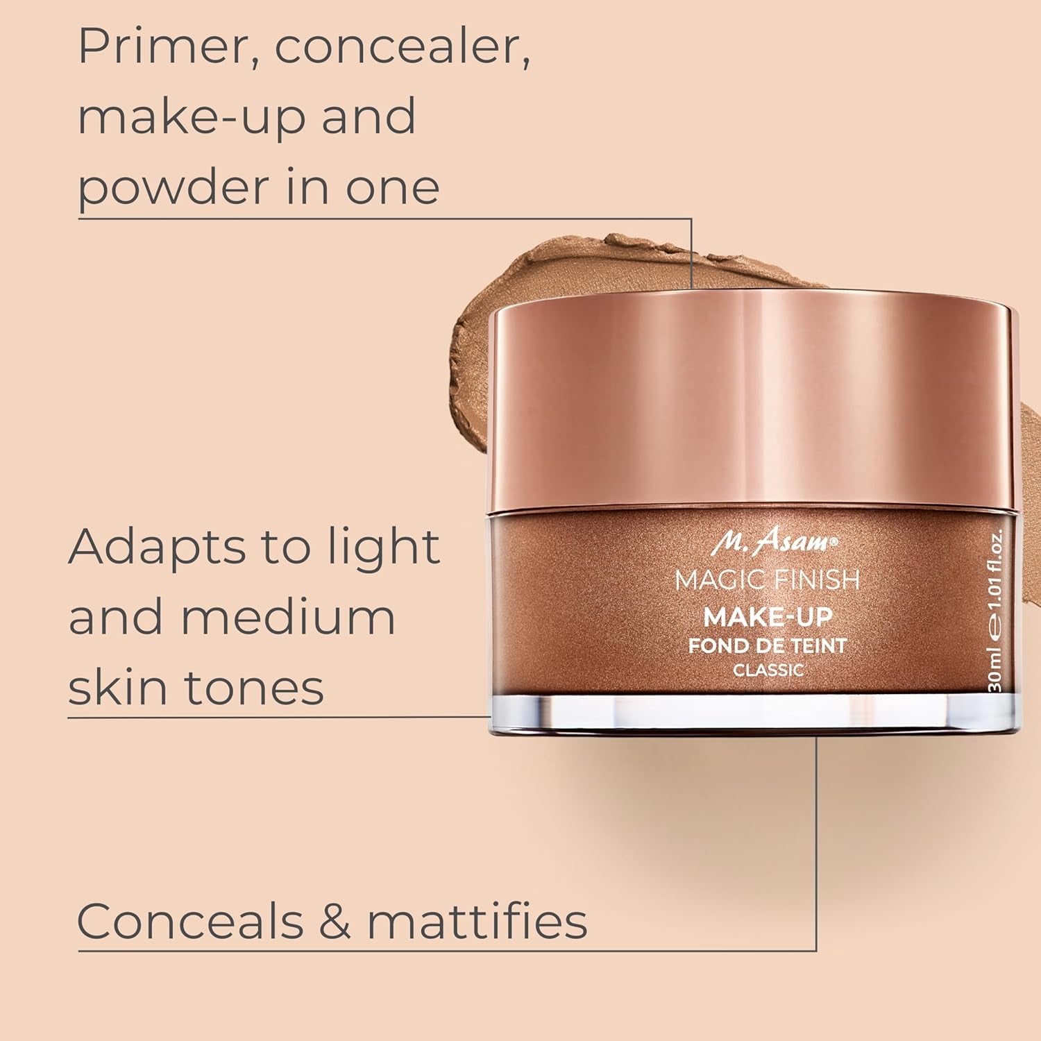 Magic Finish Make-Up Mousse (1.01 Fl Oz) – 4In1 Primer, Foundation, Concealer & Powder with Buildable Coverage, Hides Redness and Dark Spots, Vegan, for Light to Medium Skin Tones