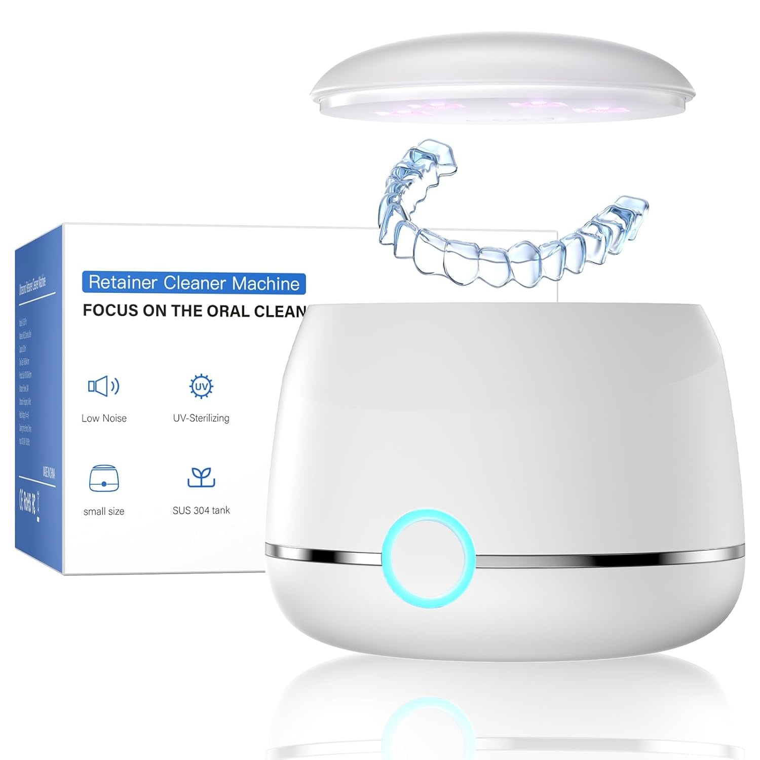 Ultrasonic Retainer Cleaner, 45Khz Denture Cleaner Machine, 5Min and 10Min Modes with Rechargable Top Cover, 200Ml Dental Cleaning Pod, Mouthguard Cleaner for Aligner Nightguard Jewelry(White)