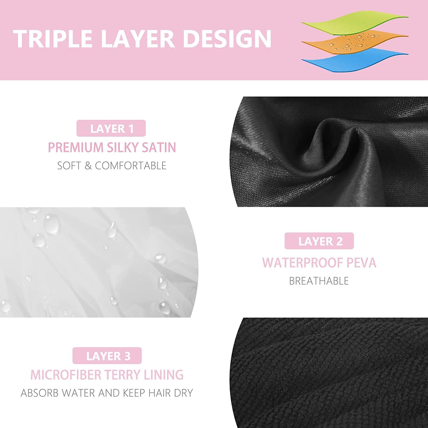 Shower Cap,Terry Lined Shower Cap for Women Reusable, Triple Layer Waterproof Bath Cap, Extra Large for Women Long Hair(Black)