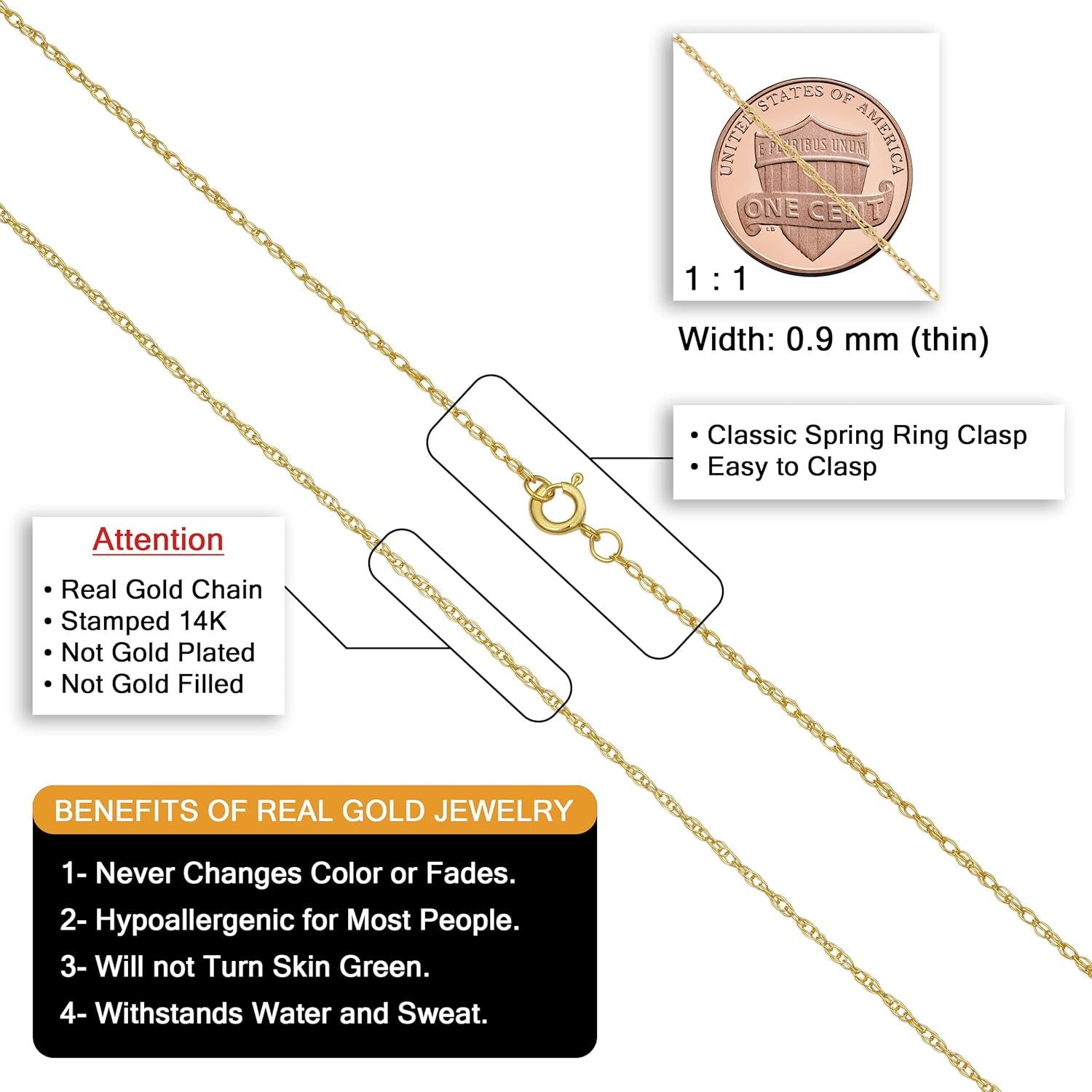 Real 14K Yellow Gold Rope Chain Pendant Necklace for Women (0.7 Mm, 0.9 Mm, 1 Mm, 1.3 Mm, or 1.5 Mm)