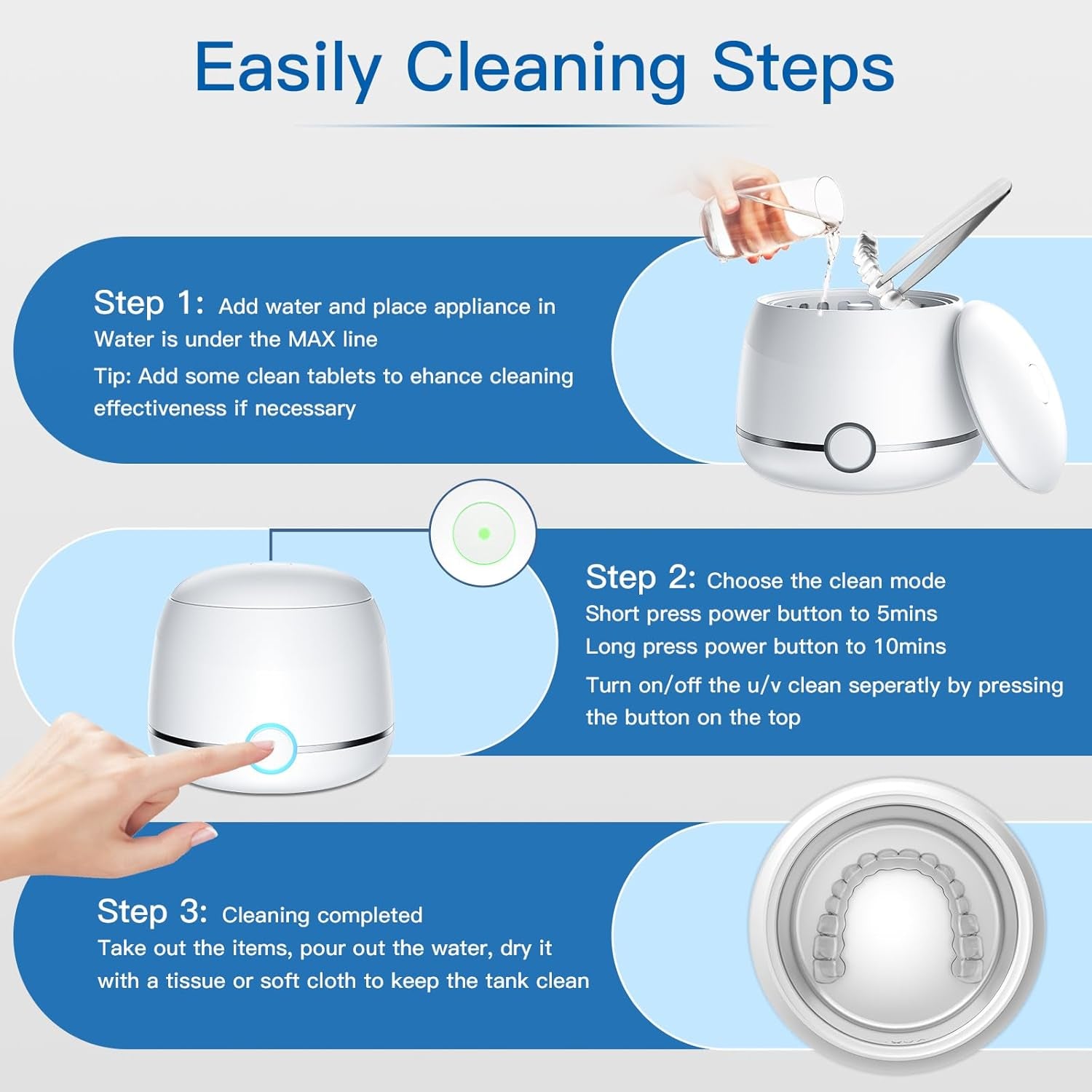 Ultrasonic Retainer Cleaner, 45Khz Denture Cleaner Machine, 5Min and 10Min Modes with Rechargable Top Cover, 200Ml Dental Cleaning Pod, Mouthguard Cleaner for Aligner Nightguard Jewelry(White)