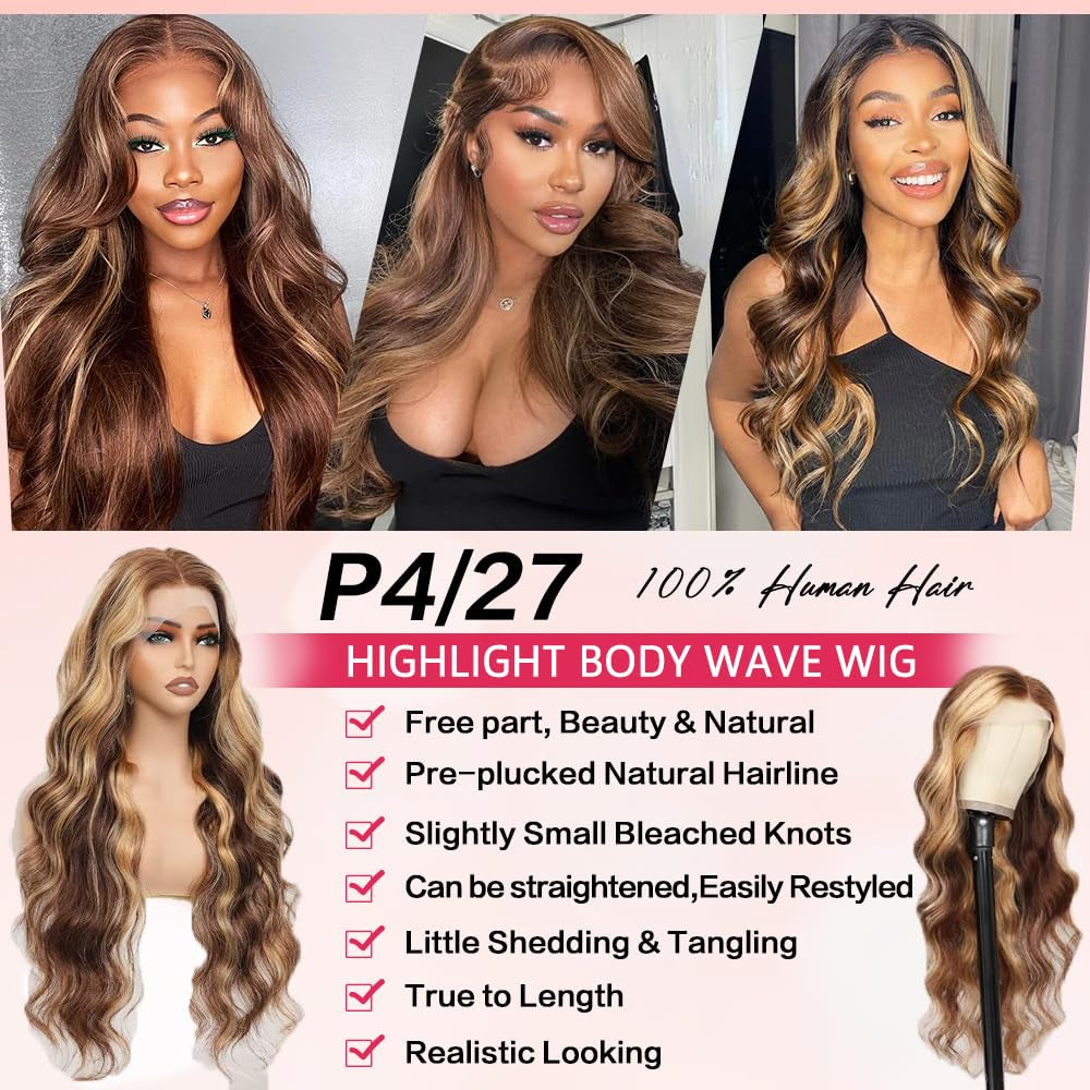 30 Inch Honey Blonde Ombre Lace Front Wig Human Hair 13X6 HD Lace Front Wig 4/27 Highlight Ombre Body Wave Lace Frontal Glueless Wigs Pre Plucked with Baby Hair