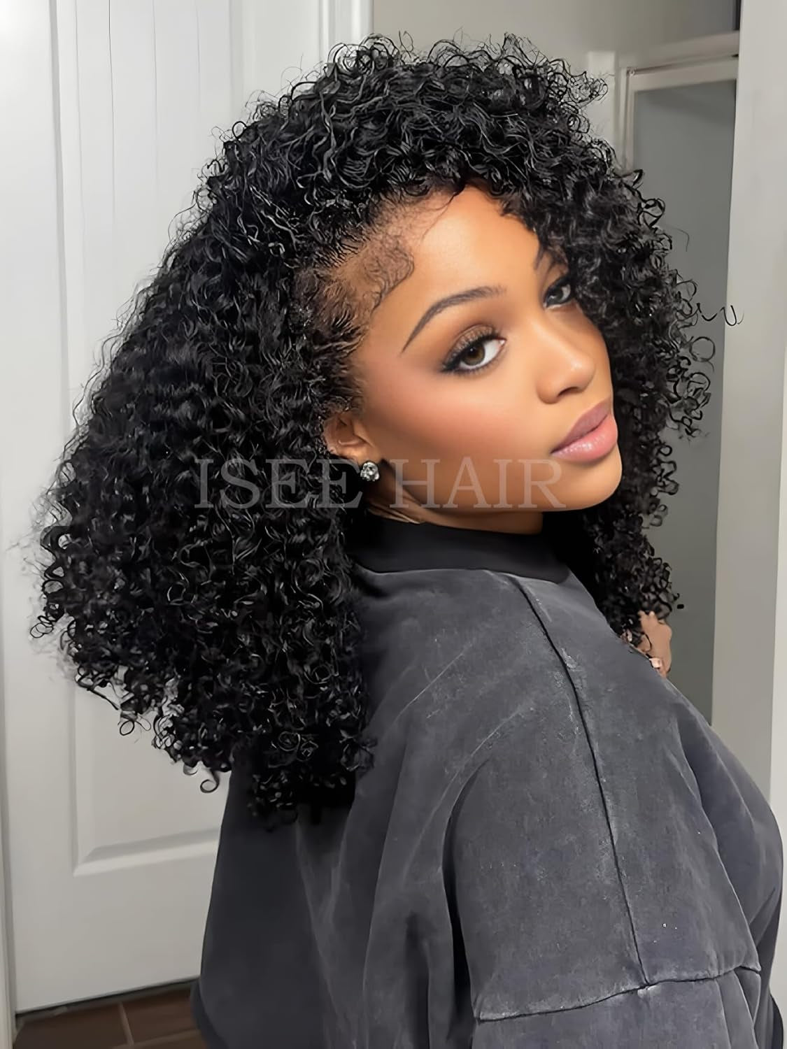 Half Wig Human Hair Glueless Wigs Upgrade 3 in 1 Half Wig with Drawstring Seamless Clip Ins Flip over Kinky Curly Human Hair No Glue No Lace for Women 180% Density 18 Inch