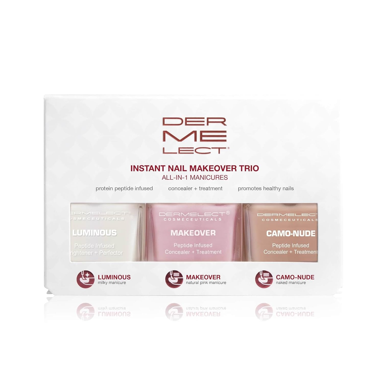 Instant Nail Makeover Trio - Luminous Nail Brightener, Makeover Ridge Filler & Camo-Nude Base Coat - Strengthen & Conceal Damaged Nails, Peptide Infused, Nail Repair & Treatment (3 Pc Set)