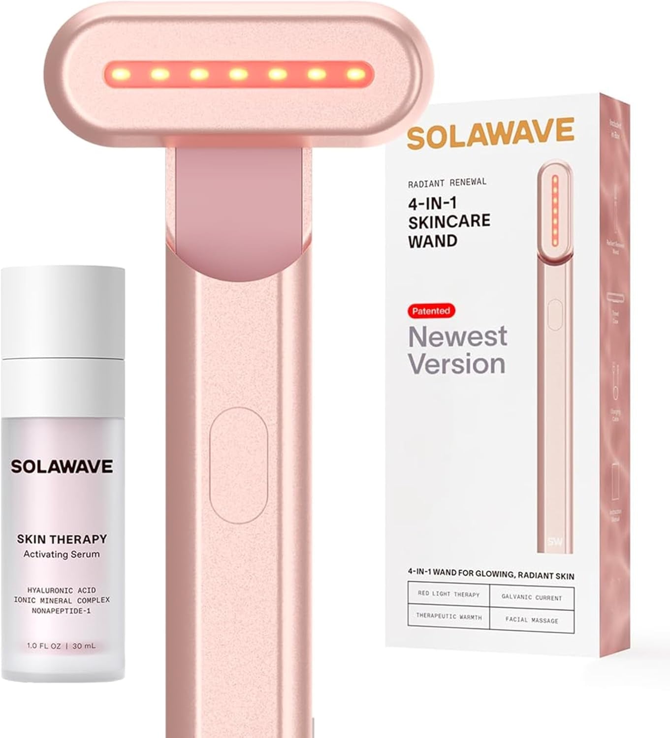 4-In-1 Red Light Therapy Wand + Activating Serum | LED Skincare Device for Face & Neck | Facial Tool with Galvanic Current, Massage & Therapeutic Warmth | Reduces Appearance of Fine Lines