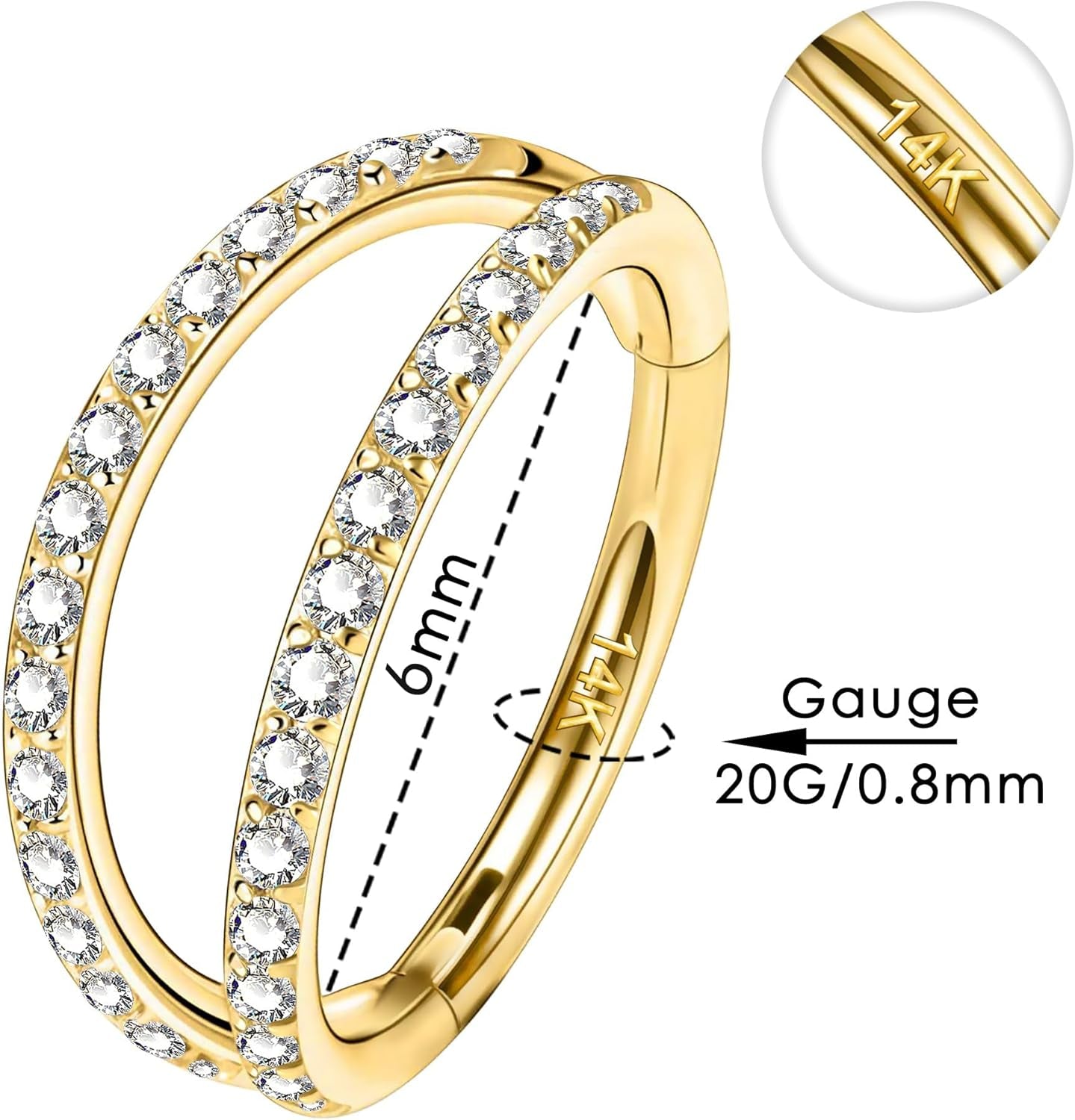 20G Nose Rings Hoops, 14K Solid Gold Double Hoop Nose Piercing Jewelry, Hinged Segement Clicker Cartilage Helix Tragus Hoop Earring for Women and Men 6/7/8MM