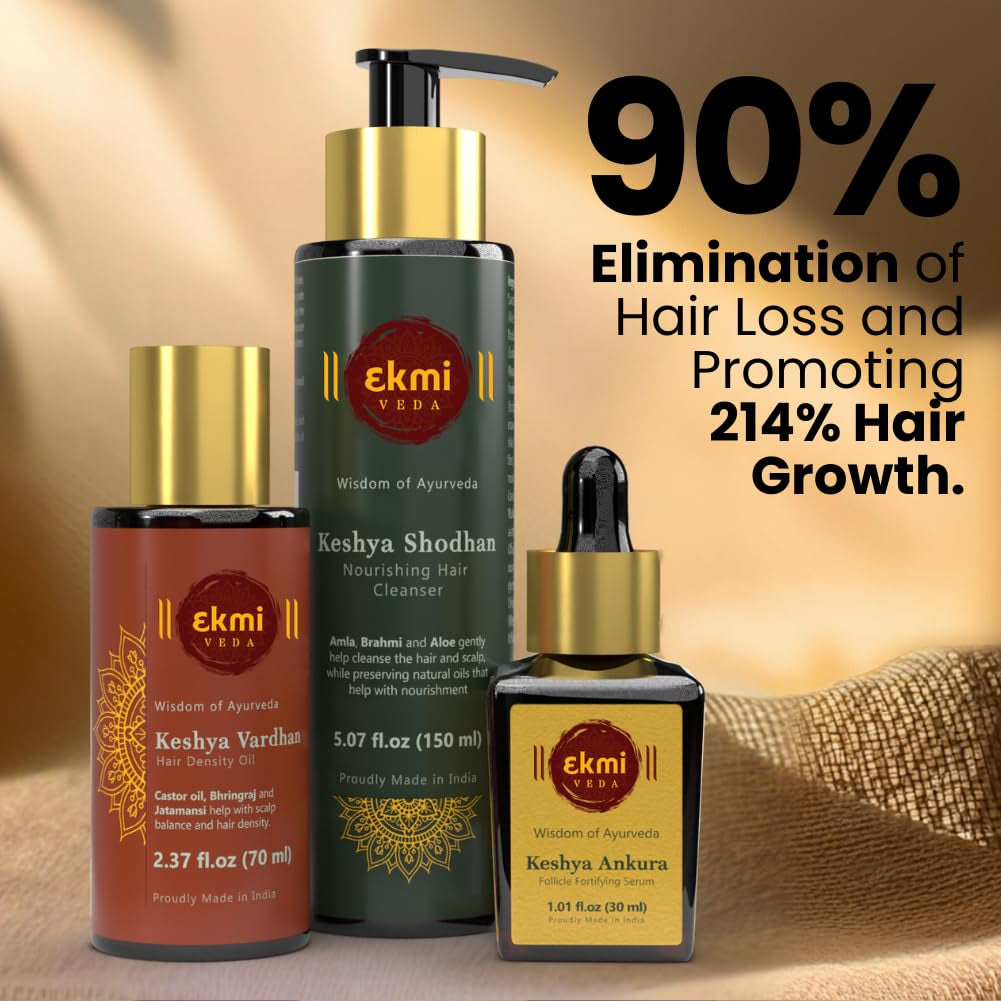 Hair Growth Set with Ayurvedic Herbs- Amla, Bhringraj, Castor, Rosemary for Hair Growth. Sulfate Free Hair Thickening Product,3 Pcs - Oil, Shampoo & Serum, 8.45 Fl Oz