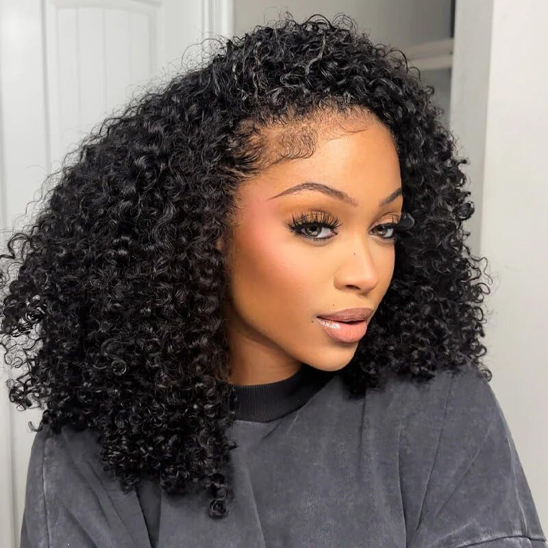 Half Wig Human Hair Glueless Wigs Upgrade 3 in 1 Half Wig with Drawstring Seamless Clip Ins Flip over Kinky Curly Human Hair No Glue No Lace for Women 180% Density 18 Inch