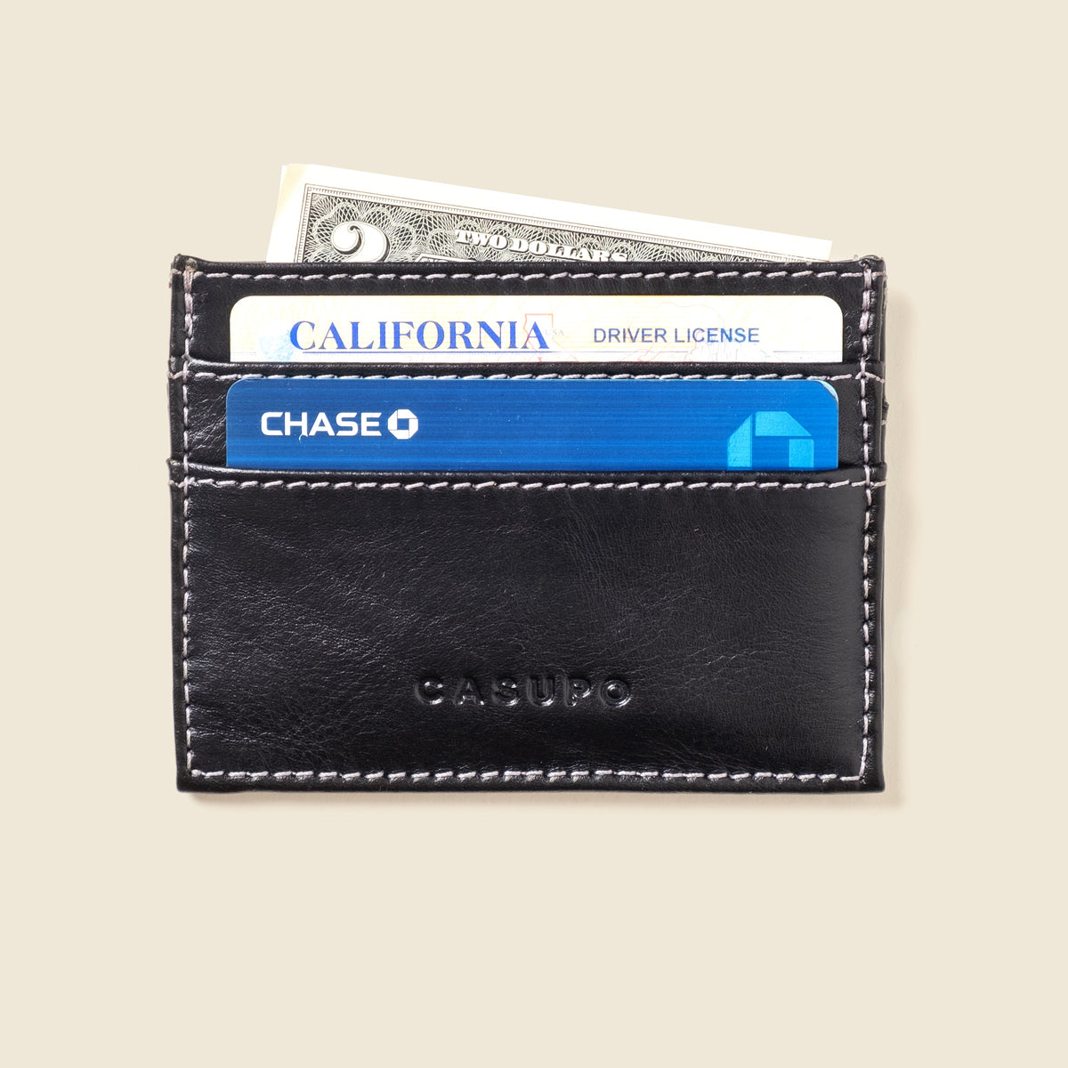 CASUPO slim card holder in black leather, front view holding cards