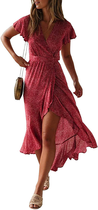 Women'S 2023 Bohemian Floral Printed Wrap V Neck Short Sleeve Split Beach Party Maxi Dress