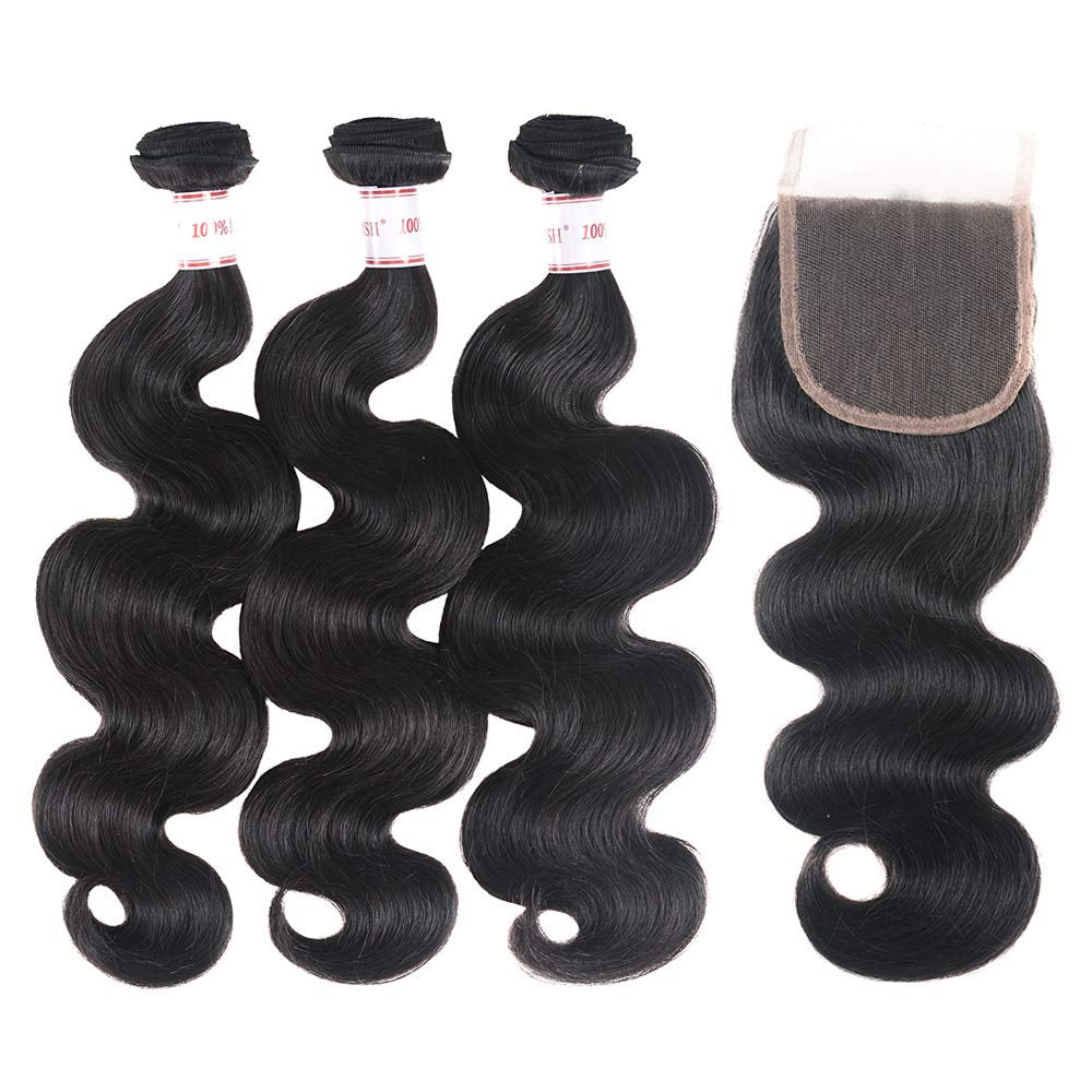 Brazilian Body Wave 3 Bundles with Closure 100% Unprocessed Brazilian Body Wave Human Hair Bundles with 4X4 Lace Closure Free Part Natural Color (24 26 28+22, Bundles with Closure)