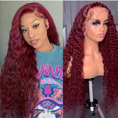 99J Burgundy Lace Front Wigs Human Hair Deep Wave 13X4 Hd Lace Frontal Wigs for Black Women Glueless Wigs Human Hair Pre Plucked Deep Curly Wet and Wavy Red Colored Lace Front Wig (26 Inch)