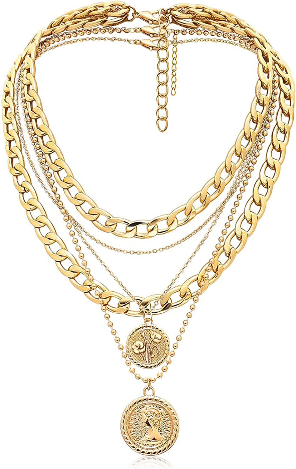 Mjartoria Gold Layered Necklaces for Women Trendy Retro Coin Pendant Gold Necklace Dainty Chunky Link Chain Choker Necklaces for Girls Jewelry Birthday Gifts