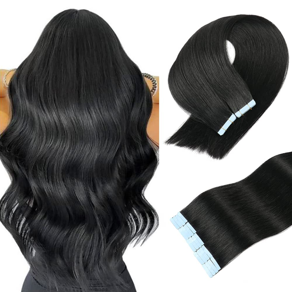 Tape in Hair Extensions Human Hair 100% Real Remy Human Hair Extensions Seamless Straight Hair Extensions Real Human Hair Tape in Extensions 20 Inch 20Pieces 50G/Set #1 Jet Black