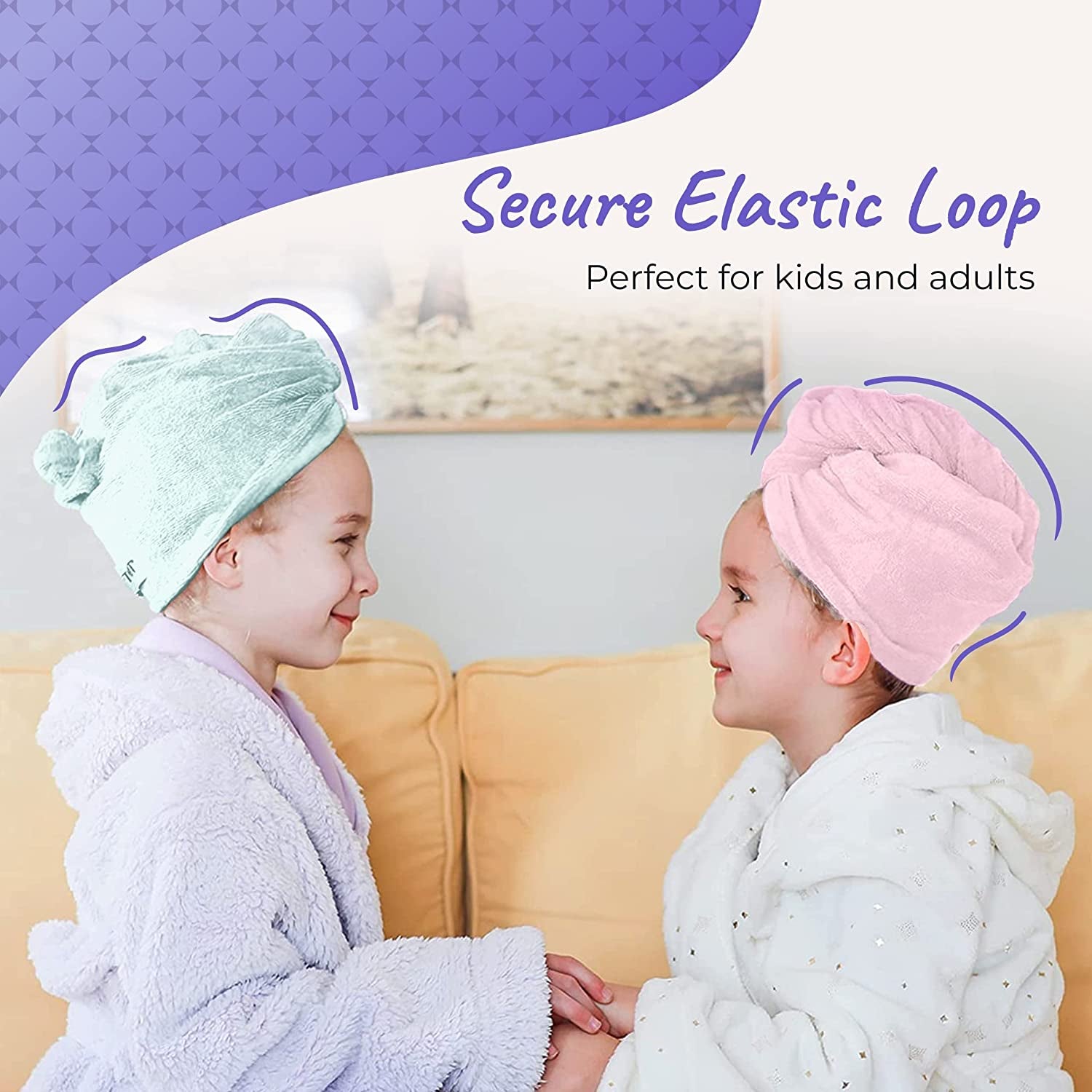 Microfiber Hair Towel Wrap for Women and Men | 4 Pack | Quick Dry Turban for Drying Curly, Long & Thick Hair (Pink, Purple, Blue, Aqua)