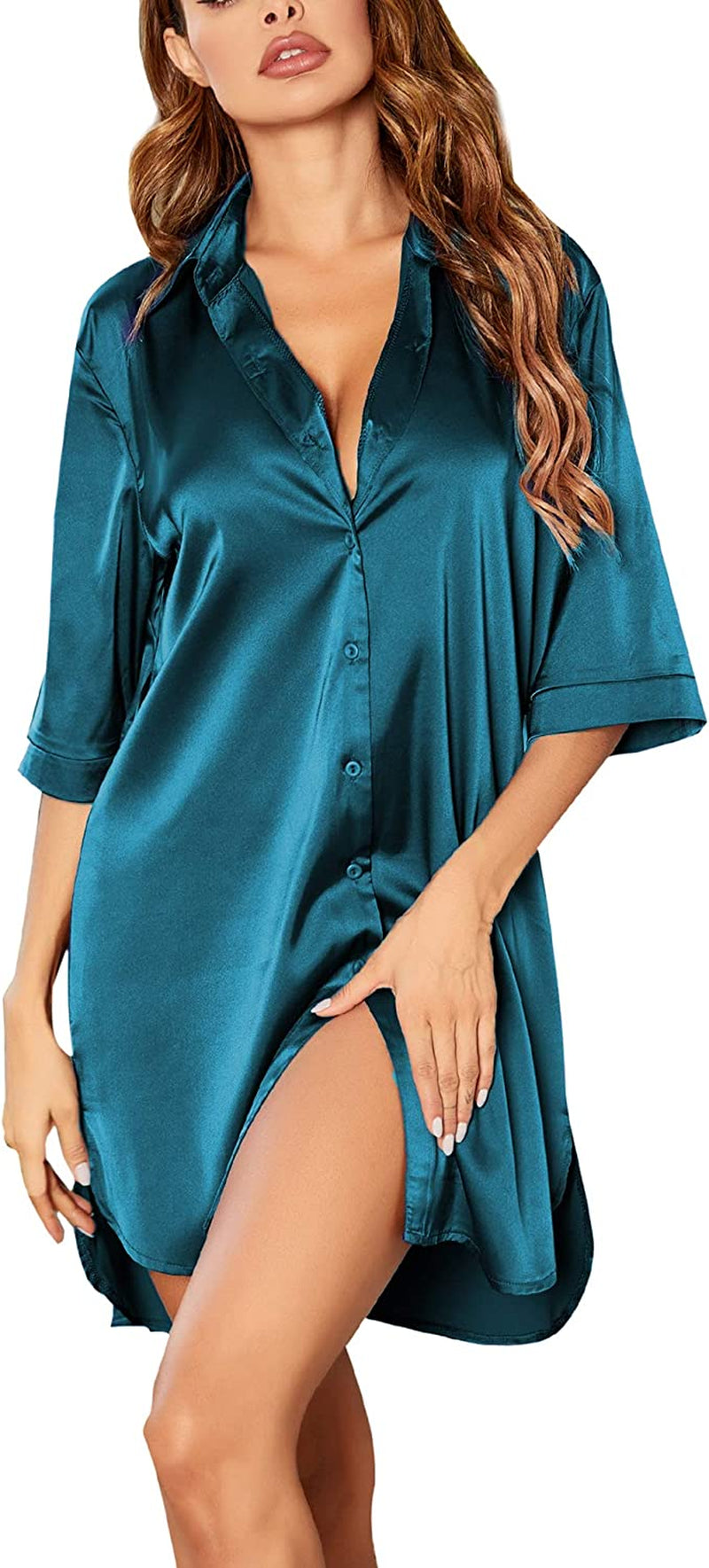 Women'S Nightgown Button down Sleepshirt Satin 3/4 Sleeve Nightshirt Boyfriend Notch Collar Sleepwear