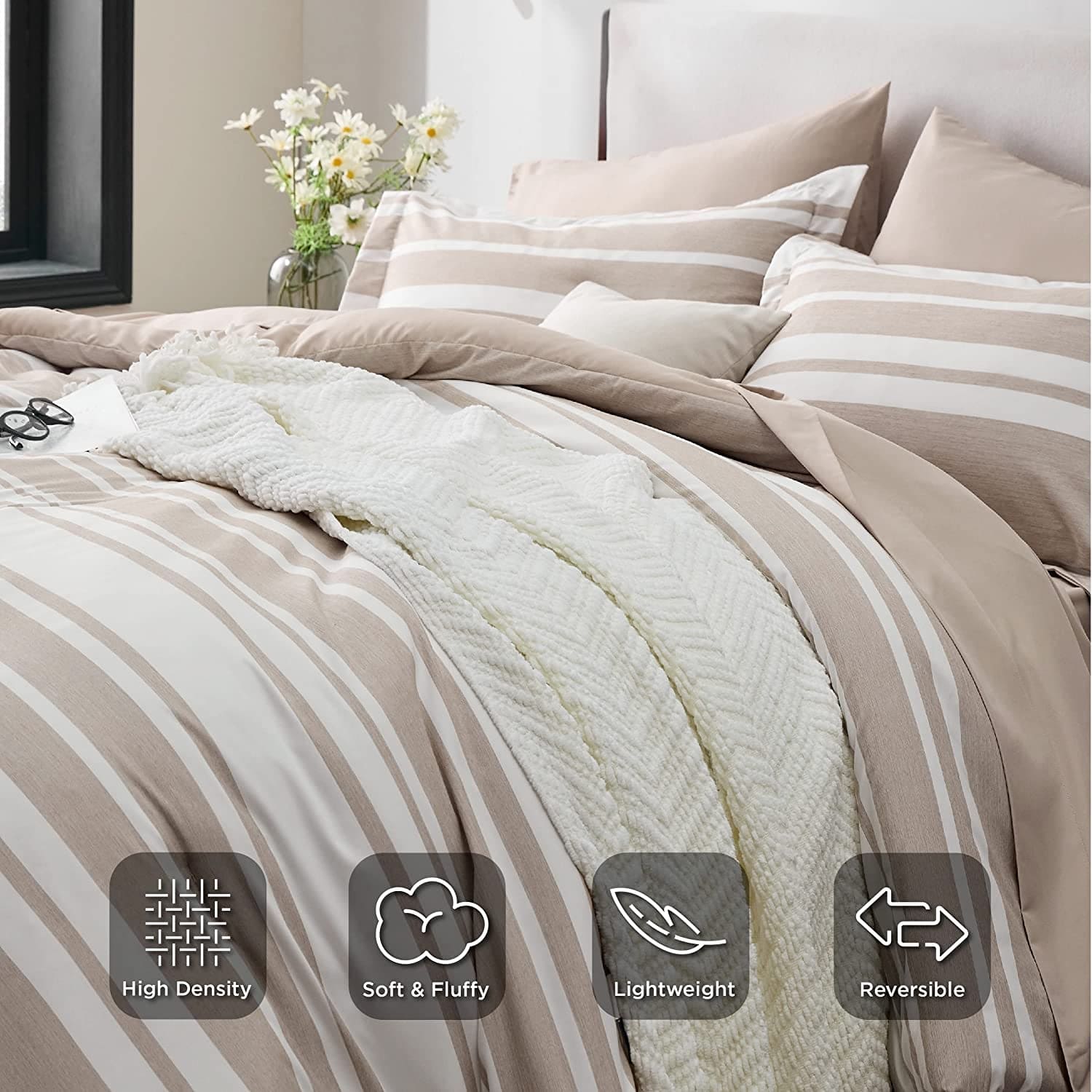 Bedsure Bed in a Bag Full Size 7 Pieces, Khaki White Striped Bedding Comforter Sets All Season Bed Set, 2 Pillow Shams, Flat Sheet, Fitted Sheet and 2 Pillowcases