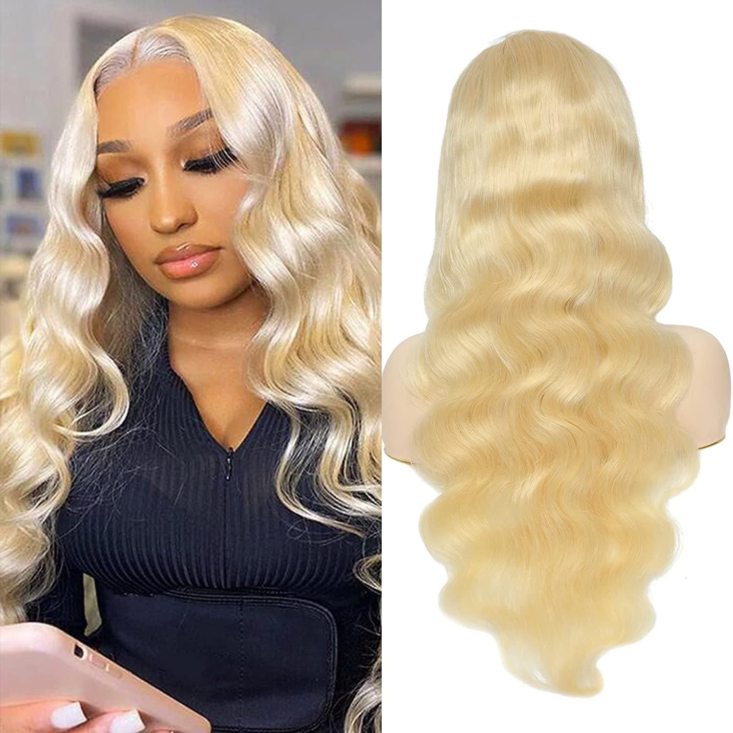 613 Body Wave Lace Front Wig Human Hair 10A Brazilian 13X4 Blonde Lace Frontal Wigs 150% Density Pre Plucked Bleached Knots with Baby Hair 22 Inch