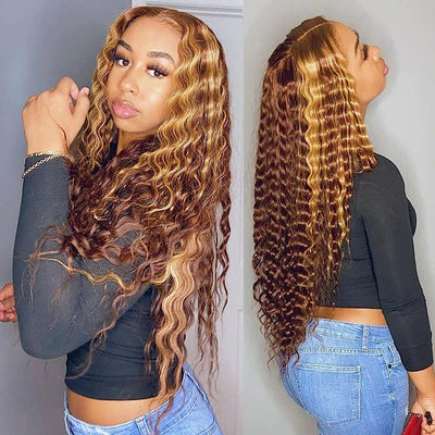 BLY Highlight Human Hair Lace Front Wigs Deep Wave #4/27 Ombre Colored Glueless Wigs Pre Plucked 18 Inch 4X4 Transparent Curly Water Wave Lace Wig Honey Blonde Real Human Hair 180% Density