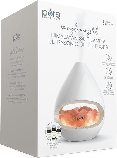 ® Pureglow™ Crystal - 2-In-1 Himalayan Salt Lamp & Ultrasonic Essential Oil Diffuser, Original Salt Therapy Lamp, 100% Pure Himalayan Salt, Ambient Glow, 160 Ml 16-Hour Tank (White)