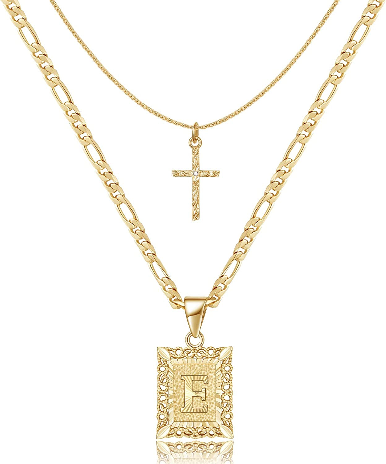 Gold Layered Initial Cross Necklace, 14K Gold Plated Layering Square Letter Pendant Figaro Chain Cross Choker from A-Z Capital Jewelry for Women Girls