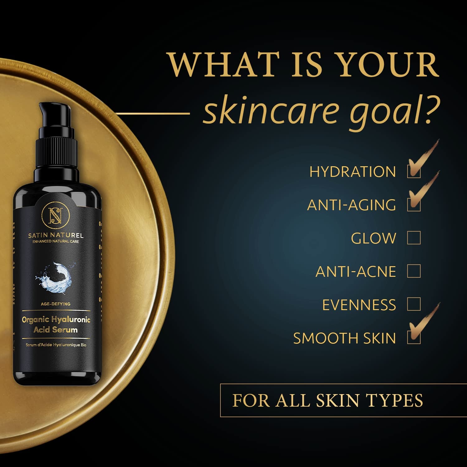 Organic Hyaluronic Acid Serum Face Moisturizer for Sensitive Skin (100Ml) - Dermatologically Tested, Organic Ingredients, No Harmful Chemichals - Reduces Wrinkles and Fine Lines - Satin Naturel