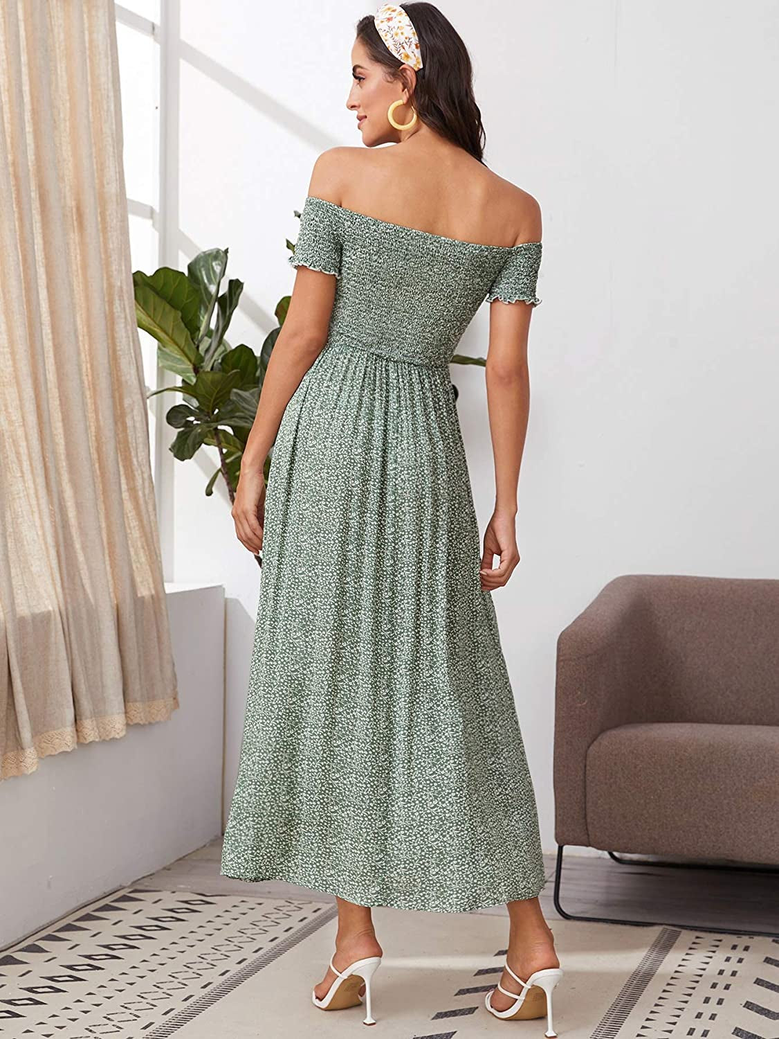 Women'S Boho Floral Print off Shoulder Split Long a Line Dress