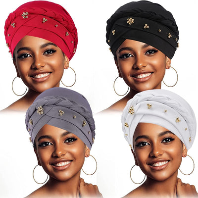 4 Pack Women Turban Cap,Beaded Headscarf Beanie,African Braid Turban Cap for Women,Twisted Beaded Braid Wrap Hat Braid Turban